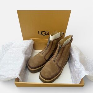 UGG Cityfunc Zip Women's Platform Leather Ankle Boots Suede Size9 Chestnut Brown